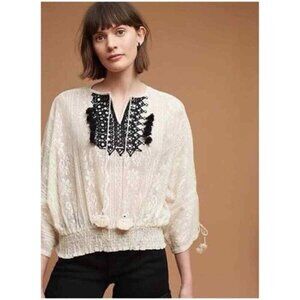 Vineet Bahl Anthropologie Lona Lace Boho Blouse Peasant Cream Black Tassel Top S